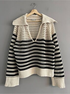 J.Crew Crochet Sailor Collar Sweater Stripe L Cotton Nautical V-Neck Open Knit